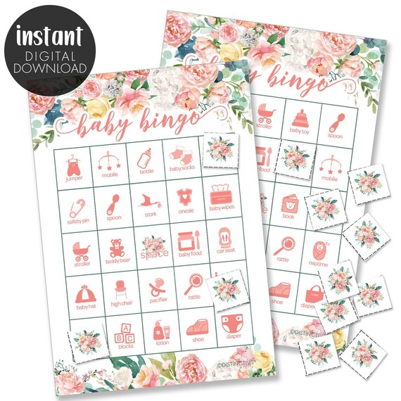 Floral Baby Shower Bingo Digital Instant Download, Pink Baby Shower