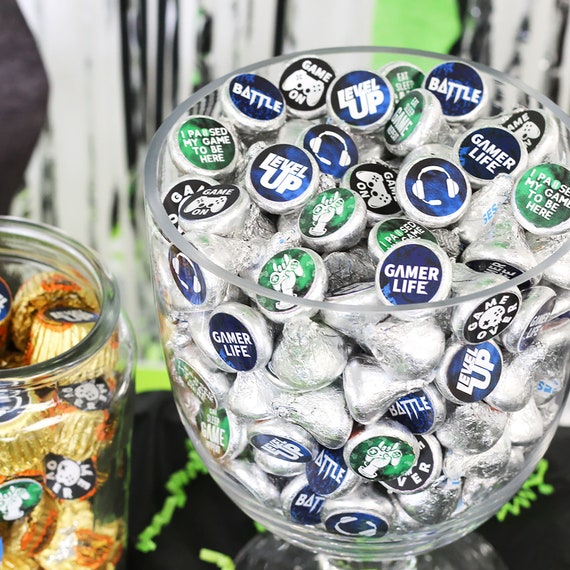 Video Game Birthday Party Favor Stickers, Gamer Labels for Hershey's Kisses Candy, Level Up Party Decorations, 180 Kids Birthday Stickers Il_570xn