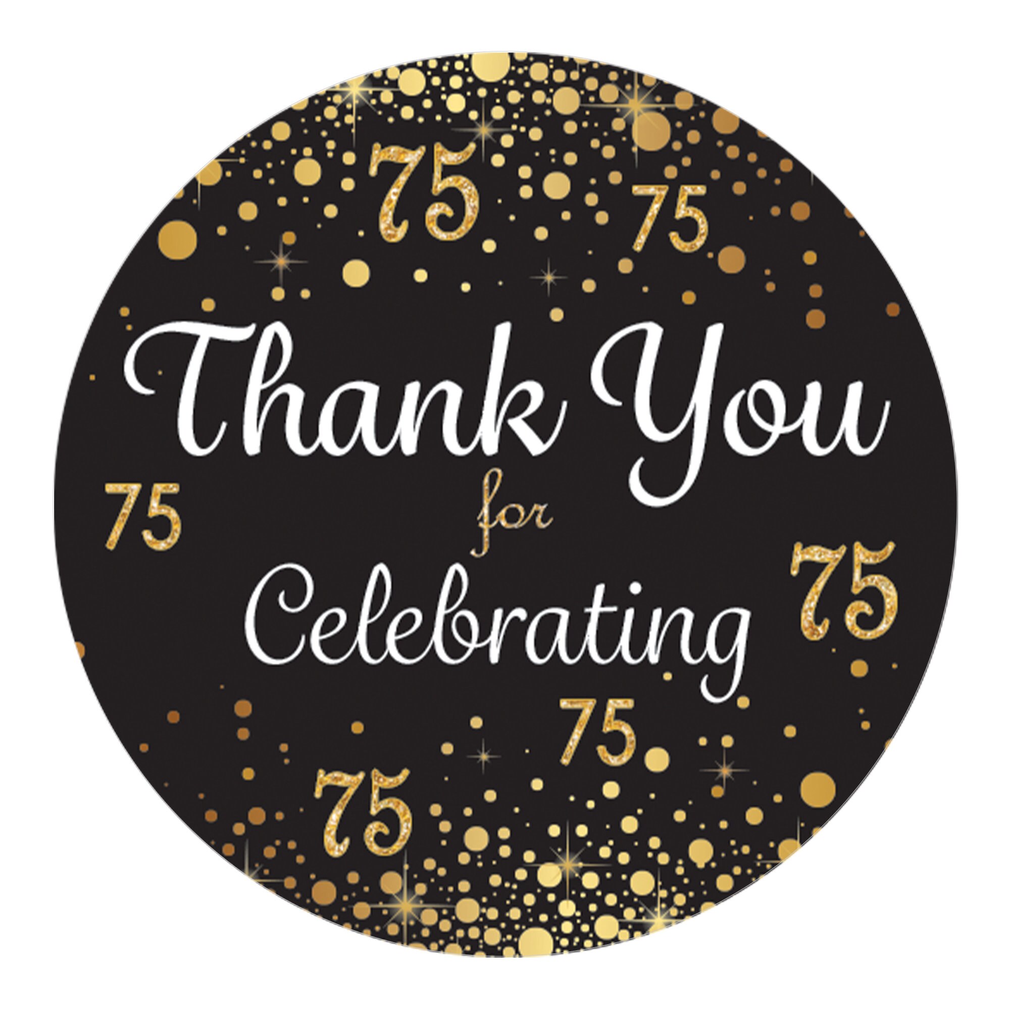75th Birthday Thank You Stickers, Black and Gold Birthday Party Bag ...