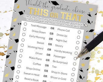 Graduation This or That Game, Grad Party Table Activity, Fun Guessing Game for Teens & Adults, 25 Count