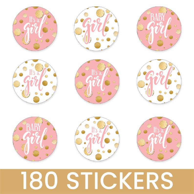 May include: Nine round stickers with the phrases "It's a girl" and "Baby Girl" in white script. The stickers are pink and white with gold polka dots. The bottom of the image reads "180 STICKERS" in a gold font.