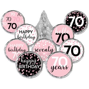 pink and black adult 70th birthday chocolate kisses party favor sticker label for women table decoration centerpiece in 9 unique designs
