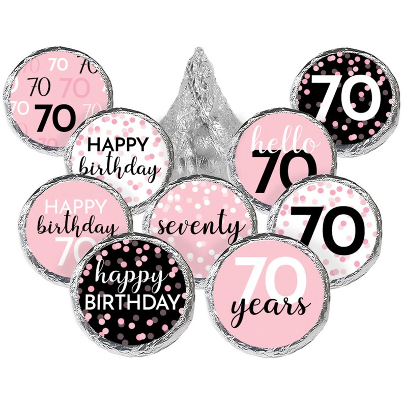 pink and black adult 70th birthday chocolate kisses party favor sticker label for women table decoration centerpiece in 9 unique designs