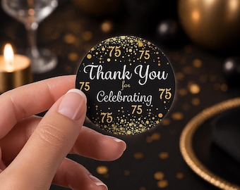 75th Birthday Thank You Stickers, Black and Gold Birthday Party Bag Labels Birthday Favors Cookie Bag Stickers Envelope Seals, 40ct