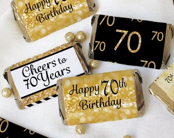 70th Birthday Candy Wrappers for Miniature Chocolate Bars, Black and Gold Happy 70 Birthday Party Favors Stickers, Labels for Candy Favors