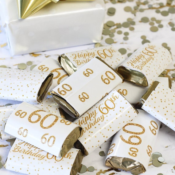 60th Birthday Candy Wrappers for Miniature Chocolate Bars - 60th Birthday Decorations - White and Gold 60th Party Favors - 45 Stickers Il_570xn