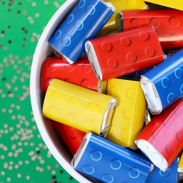 Building Blocks Birthday Party Mini Chocolate Candy Bar Stickers - 42 Labels, Building Blocks Birthday, Boy Birthday Party Favors