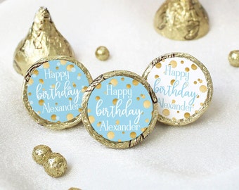 Personalized Blue Gold Happy Birthday Chocolate Kiss Stickers, Personalized Birthday Party Favors Labels, Card Envelope Seals, Candy Labels