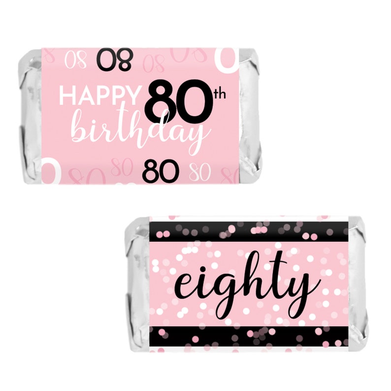 80th Birthday Party Favor Stickers - Pink and Black Mini Candy Bar ...