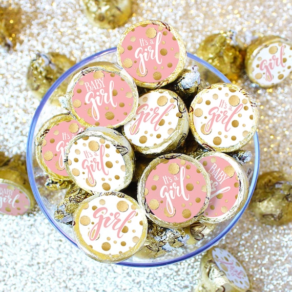 Girl Baby Shower Chocolate Kiss Stickers, 180ct - Pink and Gold Baby Shower Decorations - Its a Girl Baby Shower Favors - Baby Girl Theme