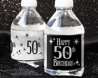 50th Birthday Party Water Bottle Labels, Black and Silver Foil, Waterproof Happy 50th Birthday Decoration for Him or Her Favor Stickers 24ct