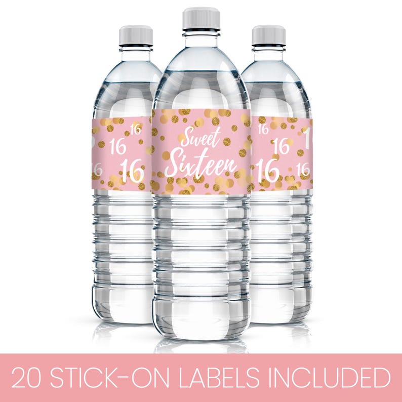 Pink and Gold Sweet 16 Water Bottle Labels – Happy 16th Birthday Party