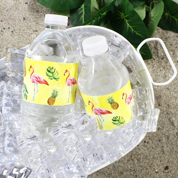 Tropical Pink Flamingo Water Bottle Sticker Labels | Tiki Luau Party