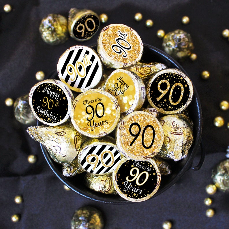 90th Birthday Decorations Black and Gold 90th Birthday Party Favors for Him or Her Label Stickers for Chocolate Kisses 180 Stickers image 1