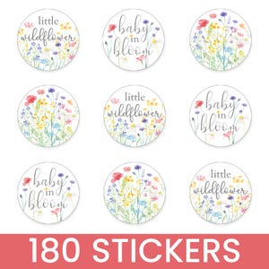 Wildflower baby shower chocolate kiss stickers 180 count, Baby in Bloom little wildflower design, 0.75 inch round favor labels