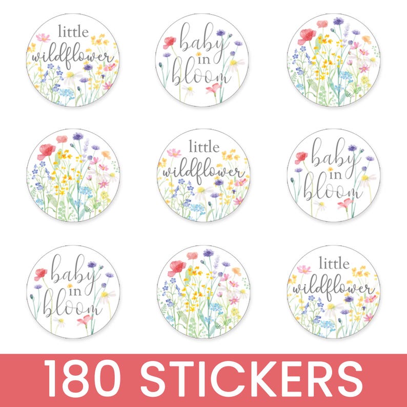 Wildflower baby shower chocolate kiss stickers 180 count, Baby in Bloom little wildflower design, 0.75 inch round favor labels