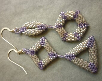 Earrings in geometric shapes, silver and lavender delica beads