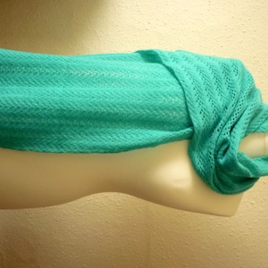 Turquoise woollen scarf, handspun and handknitted in Merino wool