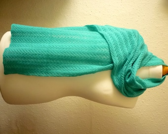 Turquoise woollen scarf, handspun and handknitted in Merino wool