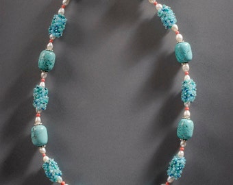 Turquoise, pearl and coral necklace