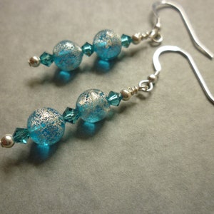 Aqua blue speckled with silver Murano glass earrings with Swarovski crystals and sterling silver findings
