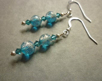 Aqua blue speckled with silver Murano glass earrings with Swarovski crystals and sterling silver findings