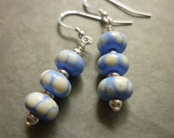 Lampwork glass bead earrings in periwinkle blue and cream with silver beads and sterling silver earwires