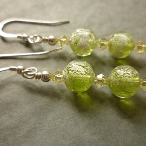 Pale lime speckled with silver Murano glass earrings, with Swarovski crystals and sterling silver ear wires