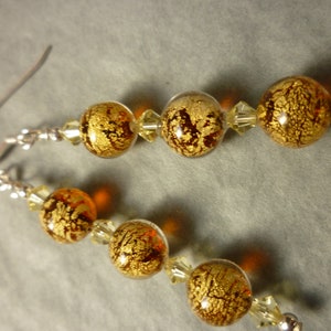 Murano glass earrings with speckled gold/amber beads, Swarovski crystals and sterling silver earwires