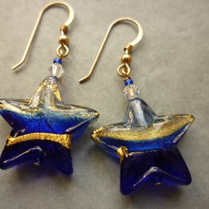 Murano glass earrings - cobalt blue and gold stars with gold filled ear wires