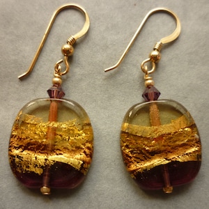 Murano glass earrings, flat discs in purple and gold with gold filled ear wires