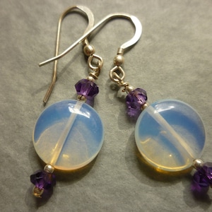 Opalite moonstone and amethyst earrings with silver beads and sterling silver ear wires