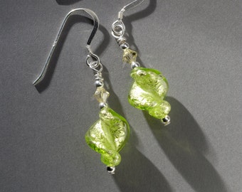 Murano glass twist earrings in leaf green or pale lilac