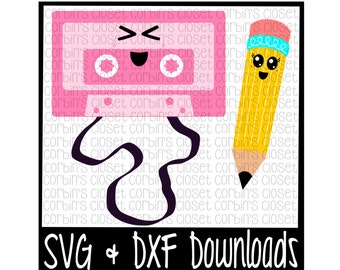 Cassette and Pencil * Cute Pair Cutting File - DXF & SVG Files - Silhouette Cameo, Cricut