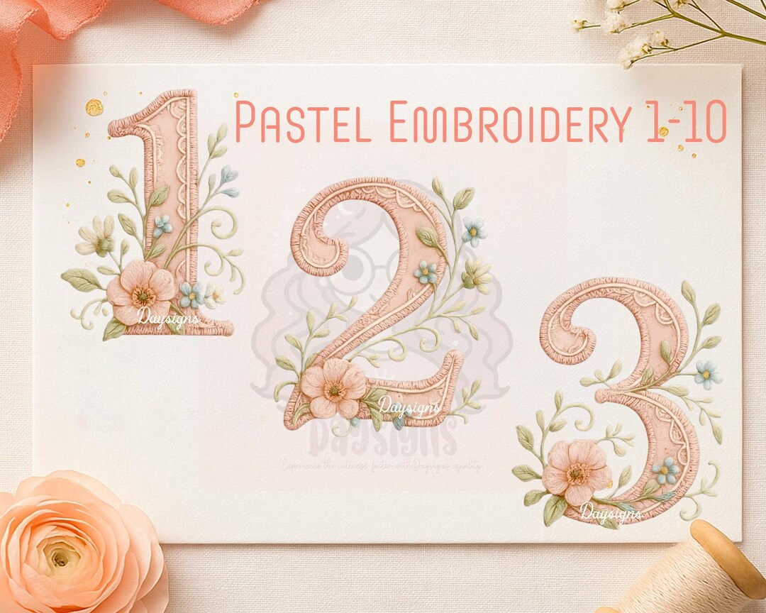 Pastel Embroidery Numbers Clipart 1-10 | Soft Floral Hand-stitched ...