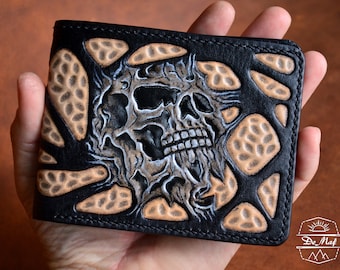 Skull Carved Wallet, Skeleton wallet, Genuine Leather Wallet, Handmade wallet, Tooled wallet with passion, Gothic Skull Wallet