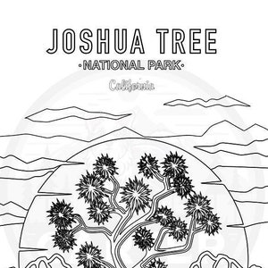 May include: Black and white line art illustration of Joshua Tree National Park in California. The illustration features a Joshua Tree with a large trunk and many branches, with a mountain range in the background.