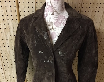 Embossed Chocolate Button-Down Jacket, Vintage Style, Size S