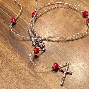 Rosary Crystal Red White Glass Beads Sterling Silver Center & Crucifix Prayer Beads 19&quot;L . Made from Vintage Jewelry . One of a Kind...