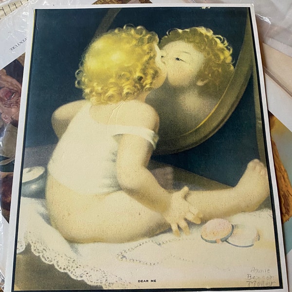 Vintage Lithograph from Annie Benson Muller Print . DEAR ME . Baby girl Kissing herself in Mirror . Lithograph .  Minneapolis, MN Printing