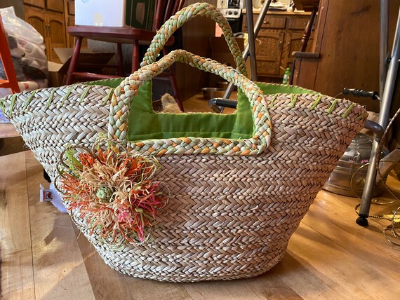 Vintage Hand Woven Straw Raffia Wicker Beach Tote Mar… - Gem