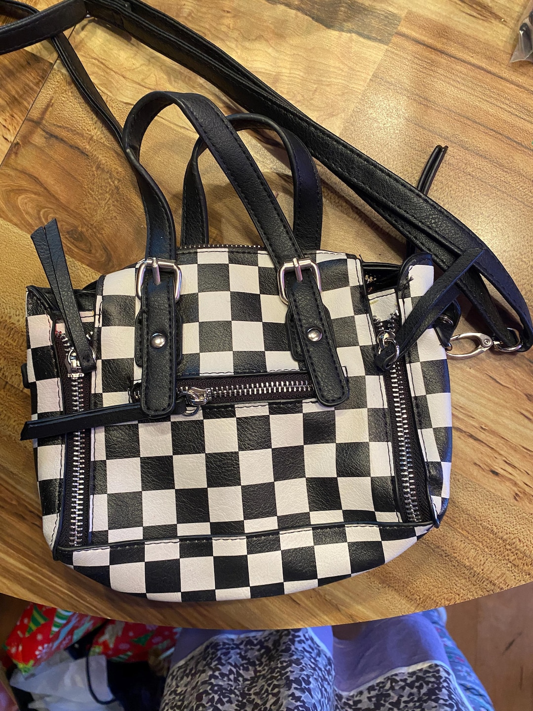 Faux Leather Black & White Check Purse . Vintage Top Handle Strap Hand ...