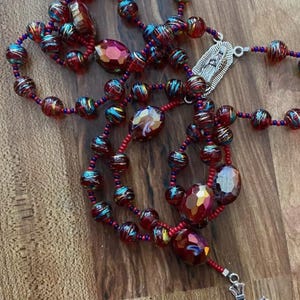 Vintage Red Hand Painted Glass Aurora Borealis Bead Rosary . Silver Tone Prayer Beads 22&quot; . Made from Vintage Jewelry . One of a Kind...