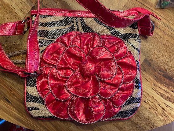 Vintage Designer Zebra Gold Glitter Vinyl Purse Hand Bag . Cross Body . Gift . Pink Flower