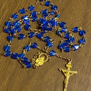 Vintage Blue Lucite Heart Bead Rosary Gold Tone Prayer Beads 20&quot; . Christianity . Religious . Prayer Beads