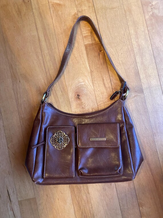 Faux Leather Vinyl Brown Purse . Vintage Handbag . Zipper Top Handle Hand Bag Gift
