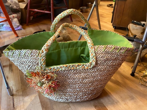 Vintage Hand Woven Straw Raffia Wicker Beach Tote Mar… - Gem