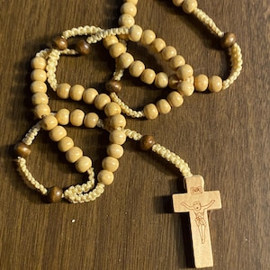 Vintage Rosary Round Light Wood & Beige Knotted Christian 18" Long" . Gift