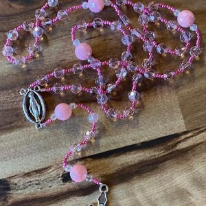 Vintage Handmade Rosary Large Pink Lucite Beads . Glass Seed Beads Silver Tone 19&quot; . Made from Vintage Jewelry . One of a Kind...