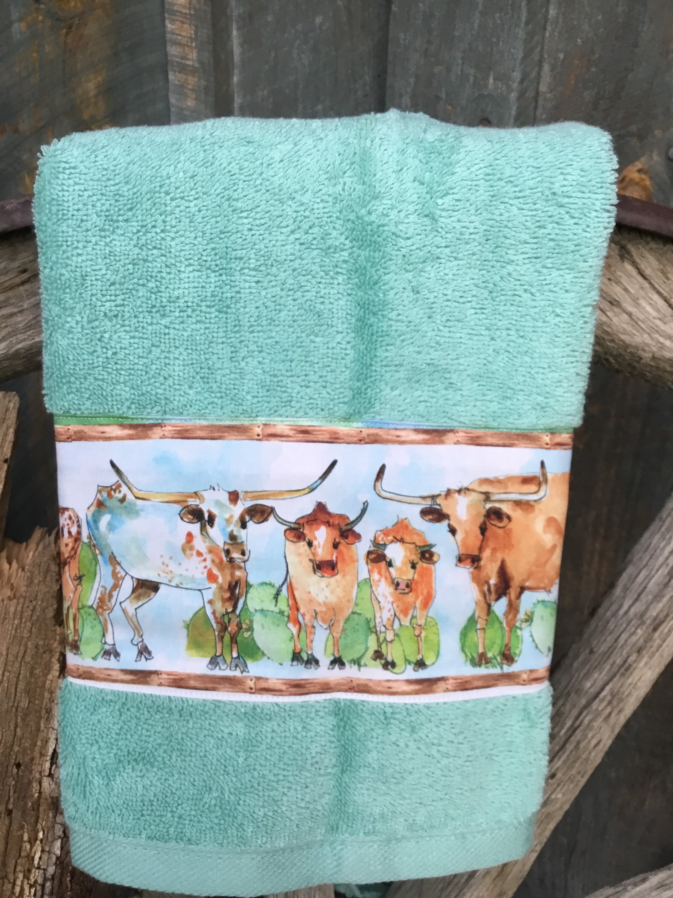 Mint Green Hand Towel with longhorn cattle. Etsy